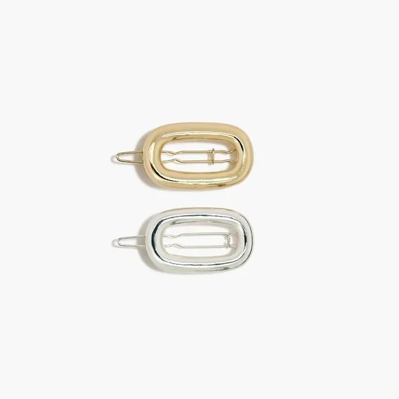 J. Crew Gold/Silver Set of Two Metal Oval Hair Clips/NWT - Picture 2 of 10